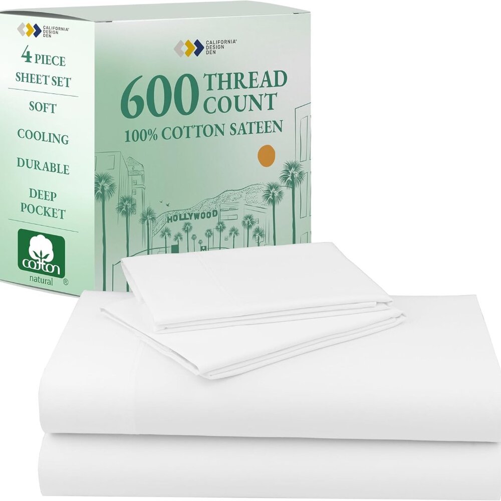 California Design Den for Amazon White Cotton Full Sheets Bedding